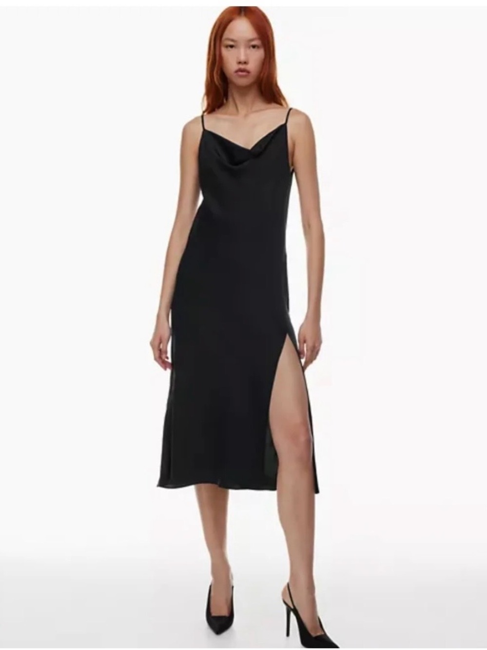Aritzia Black Satin Cowl Backless Midi Slip Dress with Side Slit